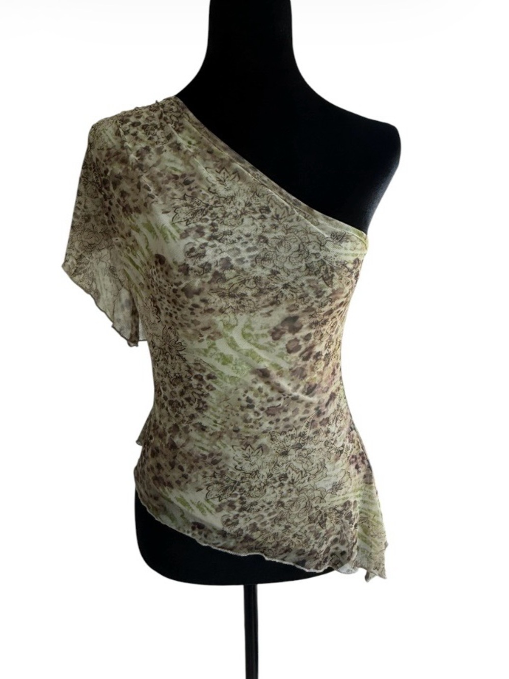 See You Monday Women’s One-Shoulder Sheer Mesh Animal Print Blouse Size M